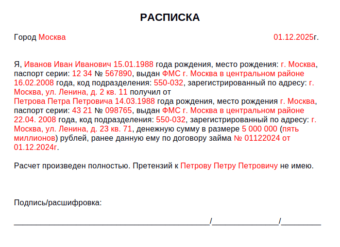 Образец расписки